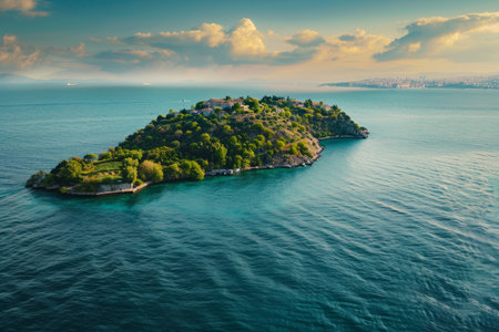 A picturesque island emerges from turquoise waters, adorned with vibrant greenery, offering a tranquil escape against a stunning twilight sky.の素材
