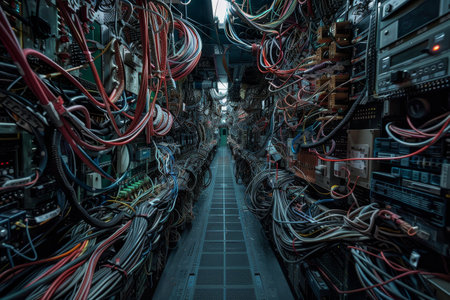 Tangled wires and numerous circuit boards create a maze-like corridor in a dimly lit server room, highlighting the complexity of networking infrastructure and technology.の素材