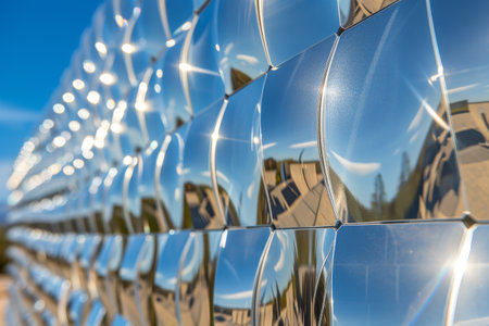 Reflective panels at a solar energy facility capture sunlight, showcasing their smooth, shiny surfaces. This close-up emphasizes the structure's role in harnessing renewable energy.の素材