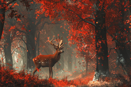 In a tranquil forest, a regal stag gracefully poses among striking red leaves, surrounded by trees illuminated by gentle morning light.の素材