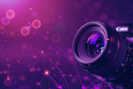 A camera lens captures light beautifully against a backdrop of purple tones and network patterns, highlighting the artistic side of photography technology and creativity.の素材
