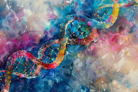 A vivid and colorful representation of a DNA helix set against a backdrop of swirling abstract colors and patterns, creating a dynamic visual experience.の素材
