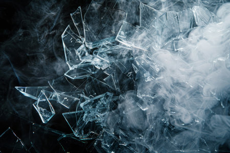 Shards of broken glass scatter across a dark background, with wisps of smoke curling around them, creating a striking contrast and an intriguing atmosphere.の素材