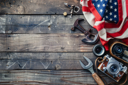 A collection of tools and vintage cameras is artfully placed on a weathered wooden table, alongside a draped American flag, evoking a sense of history and creativity.の素材