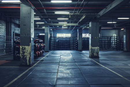 A spacious training area features neatly stacked boxing bags against a wall and thick workout mats laid out, creating a focused atmosphere for athletes.の素材