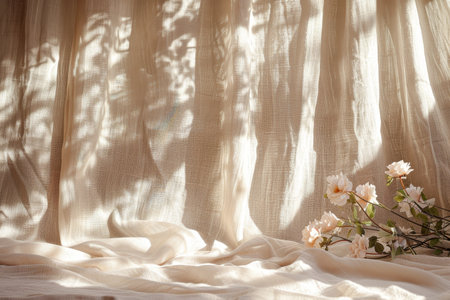 Soft sunlight gently illuminates sheer curtains, creating a serene atmosphere as delicate flowers rest on a textured surface, enhancing the peaceful ambiance.の素材