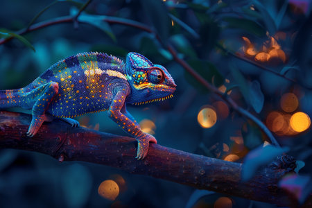 A vibrant chameleon rests on a branch surrounded by greenery, showcasing its vivid colors as soft lights twinkle in the evening twilight, creating a magical atmosphere.の素材