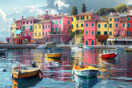 Brightly colored boats rest on tranquil waters, mirroring the lively buildings of a charming Italian town under a clear sky, creating a picturesque waterfront view.の素材