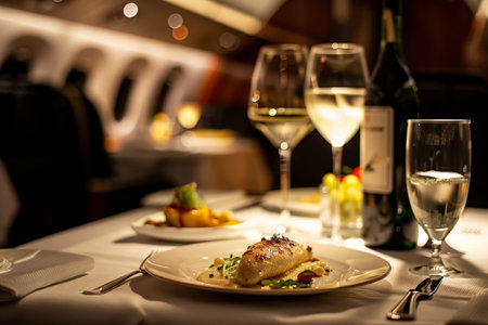 An elegant dining experience aboard an airplane showcases a gourmet fish dish accompanied by fine wine and fresh fruits, creating a luxurious atmosphere during a nighttime journey.の素材