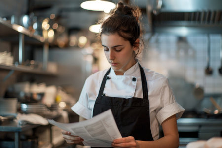 A dedicated chef studies a recipe in the middle of a busy kitchen, surrounded by cooking equipment and preparing for dinner service. She appears focused and determined.の素材