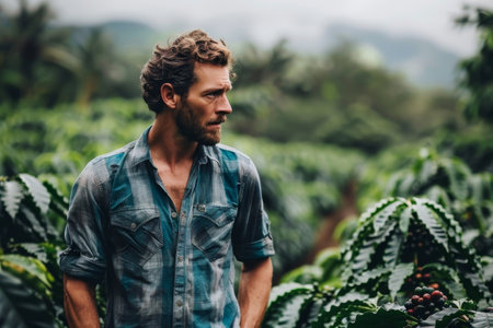A farmer stands thoughtfully among coffee plants in a vibrant plantation surrounded by greenery, reflecting on the day's work on a cloudy afternoon.の素材