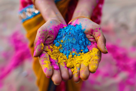 Hands showcase a bright mix of blue, yellow, and pink powders, symbolizing joy and celebration, during a colorful spring festival in India.の素材