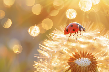 A vibrant ladybug perches delicately on a dandelion flower, illuminated by soft golden sunlight, capturing a peaceful moment in a garden at dusk.の素材