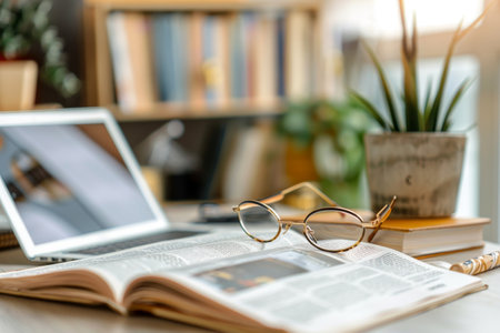 On a wooden desk, an open book rests beside a laptop, with glasses placed on top. A small potted plant adds a touch of nature, creating a warm study atmosphere in the afternoon.の素材