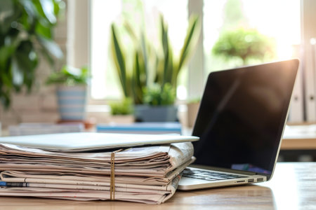 A cluttered desk features a stack of newspapers and an open laptop, bathed in warm sunlight. Green plants add a refreshing touch to the workspace ambiance.の素材