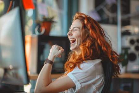 The woman with curly red hair expresses excitement and joy at her desk, slightly leaning back in her chair with a broad smile, indicating a moment of success.の素材