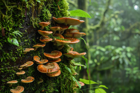 Colorful mushrooms thrive on a wet, moss-laden tree in a lush tropical rainforest, surrounded by vibrant greenery and a hazy mist, creating a serene atmosphere.の素材
