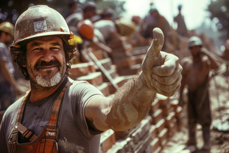 A construction worker smiles and gives a thumbs up as he participates in building a brick wall, surrounded by other laborers engaged in their tasks under the sun.の素材