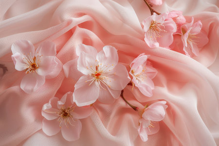 Cherry blossoms in soft pastel pink hues rest gently on textured fabric, evoking feelings of spring and tranquility, ideal for floral arrangements or wedding decor.の素材