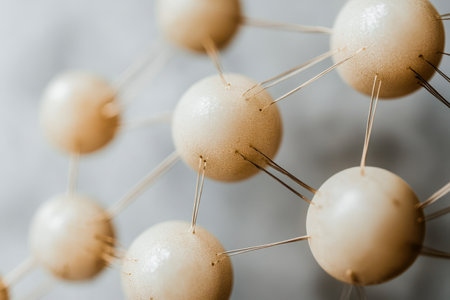 A wooden ball and stick model represents a molecular structure, illustrating the connections and relationships between atoms in a creative and educational way, perfect for learning.の素材