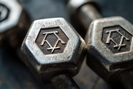 Close-up view of heavy dumbbells with a worn metal finish resting on a textured surface in a gym. These weights demonstrate durability and a commitment to fitness.の素材