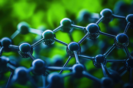 A detailed close-up of molecular structures showcases interconnected black spheres and rods against a vibrant green background, emphasizing the complexity of chemistry and biology.の素材