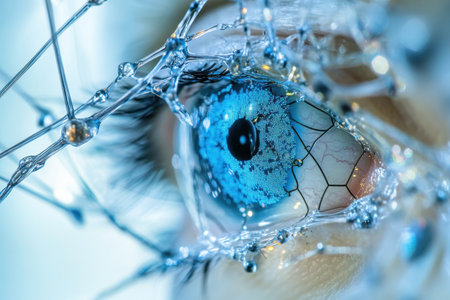 The close-up depicts a human eye surrounded by a web of intricate digital connections, representing the fusion of technology and human perception in a modern context.の素材