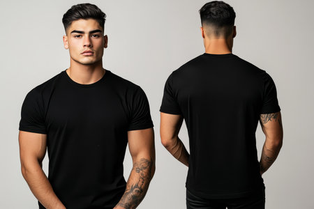 A young man stands confidently, showcasing a black t-shirt from both the front and back. His well-defined physique is highlighted under studio lighting, emphasizing the shirt's fit.の素材