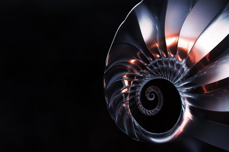 A beautifully shaped spiral shell displays its geometric pattern and glossy surface, creating a stunning contrast against a black background that enhances its elegance.の素材