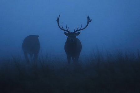 Two deer appear as silhouettes against a foggy backdrop, creating a mystical atmosphere in a serene landscape during dawn. Their antlers stand out prominently.の素材