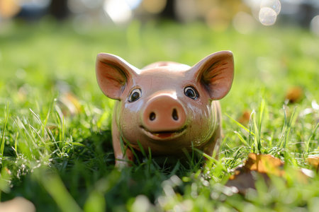 A charming ceramic pig figurine lies on vibrant green grass, illuminated by sunlight. Fallen leaves surround it, creating a whimsical autumn atmosphere.の素材