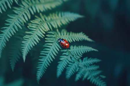 A vibrant red ladybug with black spots is perched on a lush green fern leaf. Natural light enhances the peaceful atmosphere, highlighting the intricate details of the leaves.の素材