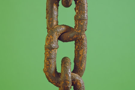 Iron chain links dangle prominently against a green backdrop, highlighting the rugged texture and physical properties of the metal.の素材