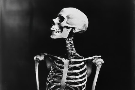 A detailed skeleton model is displayed in profile, showcasing the anatomical features of the human skeleton against a black background for educational purposes.の素材