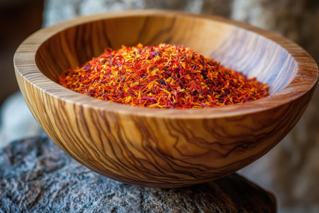 Bright orange and red saffron threads fill a handcrafted wooden bowl, resting on a rustic stone background, showcasing the vibrant colors and fine texture of the spice.の素材