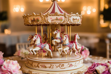 An ornate carousel featuring beautifully crafted horses is showcased as a centerpiece at a celebratory event. The soft lighting adds a warm ambiance to the elegant setting.の素材