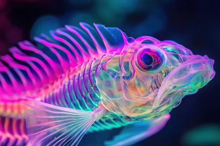 A translucent fish displays its striking colors and skeletal structure amidst a dark, colorful underwater setting. The vivid hues highlight the unique features of sea life.の素材