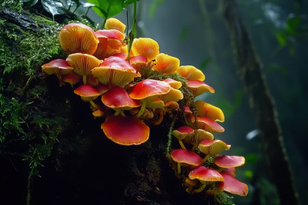 Bright orange and yellow mushrooms grow on a decaying log covered in green moss. The scene is illuminated by soft morning light in a dense, tropical rainforest.の素材
