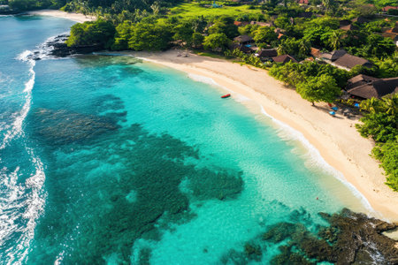 A breathtaking coastal view shows a pristine beach with soft sand, clear turquoise waters, and green vegetation. Small boats rest near the shore, surrounded by tropical scenery.の素材