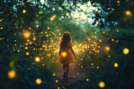 A young girl in a bright yellow dress strolls along a forest path, surrounded by twinkling fireflies that illuminate the twilight surroundings. The atmosphere feels enchanting and serene.の素材