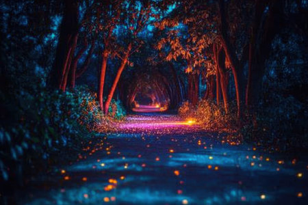 A tranquil forest pathway comes alive at night with vibrant colored lights illuminating the trees and ground. The serene atmosphere invites peaceful exploration and reflection.の素材