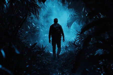 A solitary figure walks through a dense jungle, guided by an otherworldly blue glow. Tall plants surround, creating an atmosphere of mystery and intrigue in the night.の素材