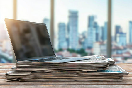A laptop is positioned on top of a large stack of newspapers while sunlight pours in, illuminating the workspace and revealing a vibrant city skyline in the background.の素材