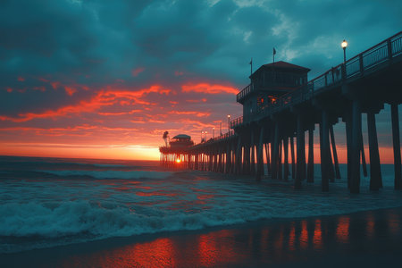 A stunning sunset casts vibrant hues across the sky as waves crash against the beach. The pier stands tall, silhouetted against a backdrop of fiery clouds, creating a serene atmosphere.の素材