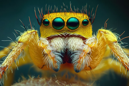 A bright yellow spider showcases its distinctive green eyes and hairy features while perched on a textured surface. The sunlight highlights its unique colors and details.の素材