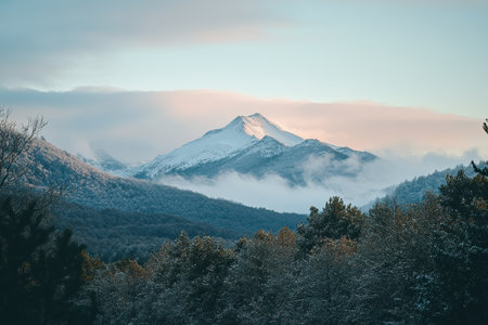 A breathtaking mountain peak rises above mist-covered forests in the early morning. Soft light illuminates the snowy summit, creating a tranquil atmosphere in nature.の素材