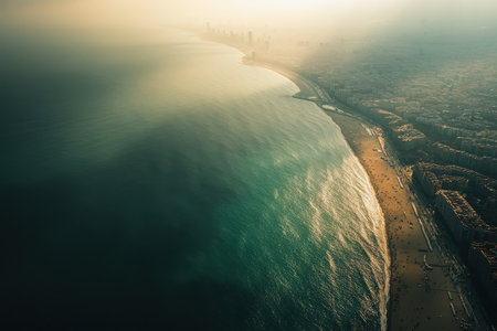 A beautiful aerial perspective captures a serene beach bustling with people as the sun sets, contrasting with a distant city skyline and gentle waves.の素材
