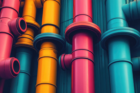 Vibrant colored pipes in yellow, pink, and teal are arranged against a contrasting wall, highlighting urban creativity and modern design in a city setting under bright daylight.の素材