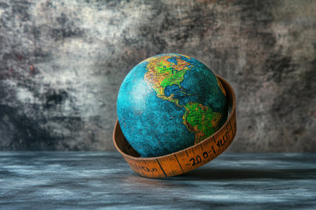 A globe featuring detailed land and ocean colors is positioned creatively with a measuring tape wrapped around it. The textured background adds depth to the composition.の素材