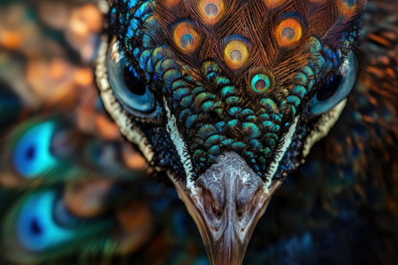 A peacock displays its striking plumage with intricate patterns of blue and green, highlighting the brilliant colors and textures in bright daylight.の素材